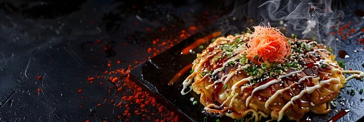 Savory Okonomiyaki Pancake Sizzling on a Teppan Grill at a Traditional Japanese Market - obrazy, fototapety, plakaty