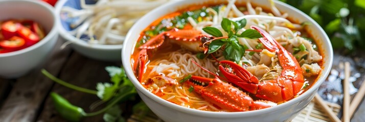 Savor the Authentic Vietnamese Bn Riu Cua A Colorful Medley of Crab Noodles in Tomato Broth - obrazy, fototapety, plakaty