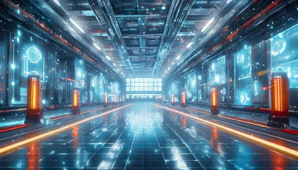 Industry 4.0 vision: holograms, AI interaction in a futuristic room. Technology and industry concept.