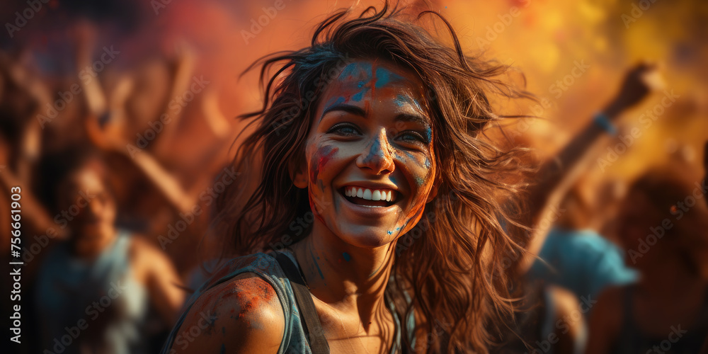 Wall mural Happy Woman with colorful face enjoy at holi color festival, There is empty space for text on the top of the photo,