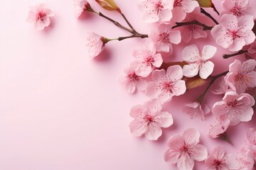 Naklejka na ściany i meble Cherry blossoms cascade on a blush canvas, showcasing spring's ethereal flush. Copy space