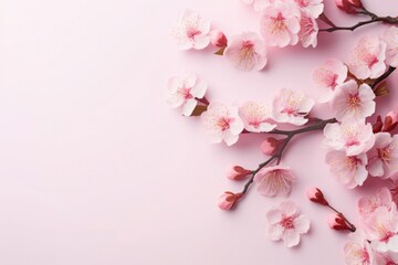 Blooming cherry branches gracefully dance over a soft pink background, radiatingtime's tender charm. Copy space