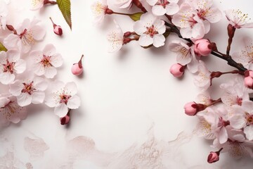 Delicate cherry blossoms spread over marble, a testament to spring's gentle beauty. Copy space