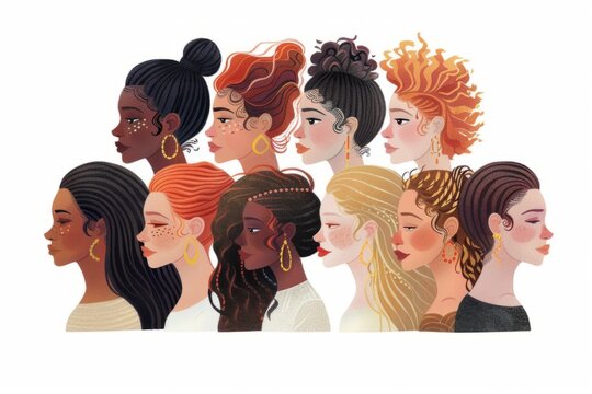 A flat illustration of women from different ethnicities, all with visible faces and skin tones that represent diversity Generative AI