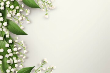 Vibrant lily of the valley flowers bordering a clean, white space, ideal for elegant spring-themed designs. Copy space - obrazy, fototapety, plakaty