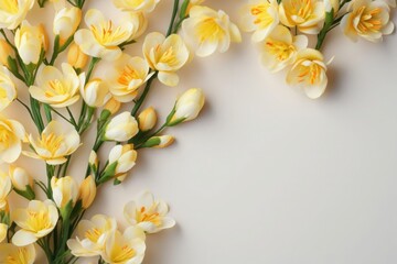 Delicate cream tulips gracefully arranged on a soft, neutral background, perfect for calm floral themes. Copy space