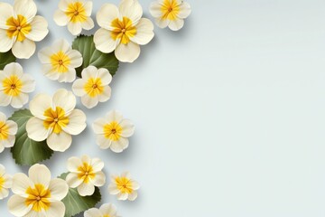 Elegant white primroses with vibrant yellow centers arranged on a bright background with copy space for springtime designs. Copy space