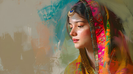  an oil paint-style portrait of a woman wearing a traditional dress from a culture around the world...