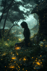 Mystical woman surrounded by forest lights