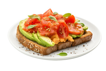 Scrambled eggs with smoked salmon, tomatoes and avocado on whole wheat bread Isolated on transparent background.