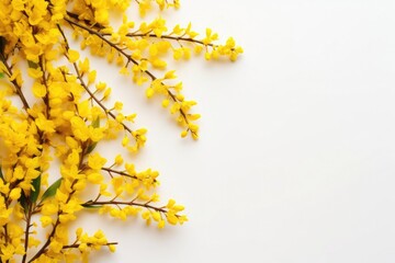 Vibrant yellow forsythia blossoms across a clean white background symbolizing spring's arrival. Copy space - obrazy, fototapety, plakaty