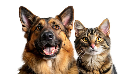 close up of German shepherd dog and cat with cute expressions - obrazy, fototapety, plakaty