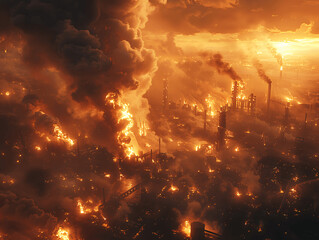 Fototapeta premium Apocalyptic industrial scene with massive fire and smoke plumes.