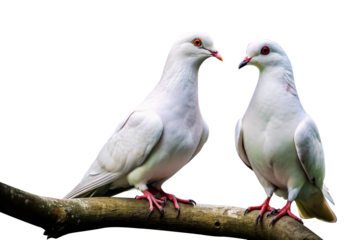 a pair of white pigeons on a tree trunk