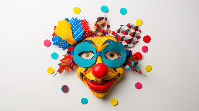 Patchwork art of a clown's face isolated on white background, concept of celebrating April Fools' Day, circus event, jokers, hilarious, greeting cards.