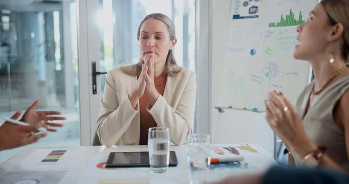 Meeting, conflict or business woman with office team for paper, argument or audit mistake. Corporate, stress or manager overwhelmed by anxiety, fight or frustrated financial group with budget review