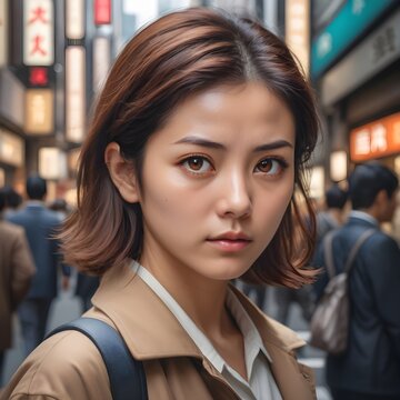 An image focusing on the detailed brown eyes of the woman, reflecting the hustle and bustle of the Tokyo streets in their deep gaze.