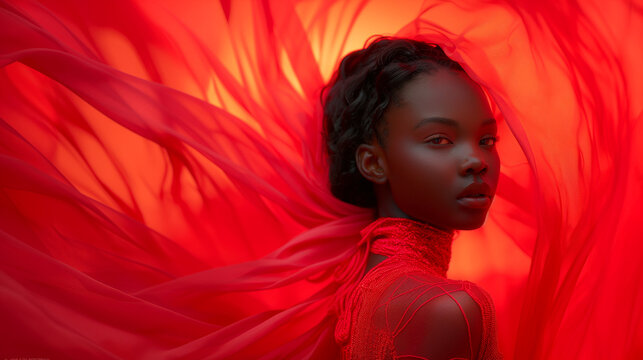 A stunning supermodel wearing an elegant and vibrant red dress