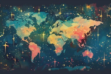 Whimsical illustration of a world map with data points as stars.