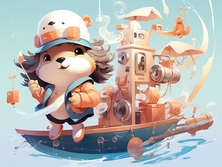 Naklejka premium Playful otter in a sailor hat steering a toy boat