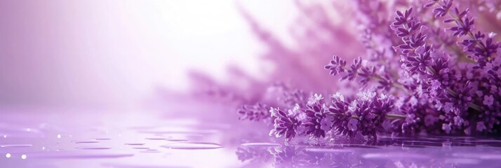 Lavender flowers gently resting on a reflective purple surface with diffused background light - obrazy, fototapety, plakaty