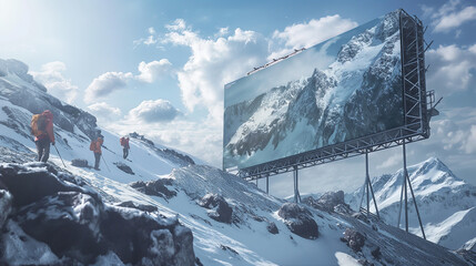 Riesige Werbetafel für Wintersport auf dem höchsten Gipfel Alpenpanorama Marketing für Outdoor Winter Urlaub und Winterkleidung Generative AI