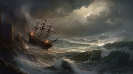 "Tempest Tides: The Struggle of the Solitary Ship"