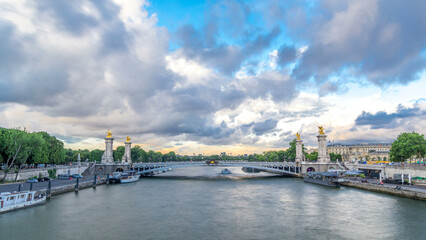 Fototapeta na wymiar Bridge of Alexandre III spanning the river Seine timelapse hyperlapse. Paris. France.