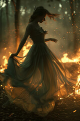 Woman in a ball gown amidst a blazing forest