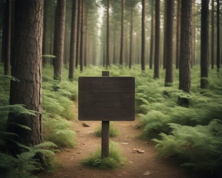Wooden Sign in Woods: Blank Signboard in Forest