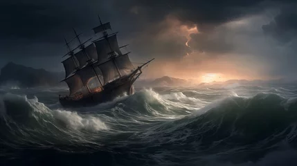 Rideaux velours Naufrage "Tempest Tides: The Struggle of the Solitary Ship"