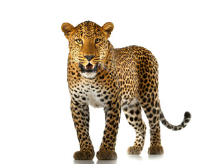 Leopard stehend isoliert auf weißen Hintergrund, Freisteller 