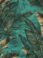 Green wallpaper with gold accents featuring detailed palm leaves pattern.