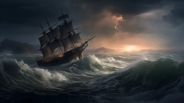 "Tempest Tides: The Struggle of the Solitary Ship"