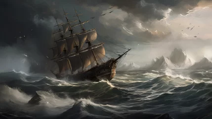 Deurstickers Schipbreuk "Tempest Tides: The Struggle of the Solitary Ship"
