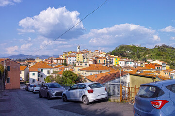 Pitelli. Pitelli, village of La Spezia. Panorama of the village on the hill between the shipyards...