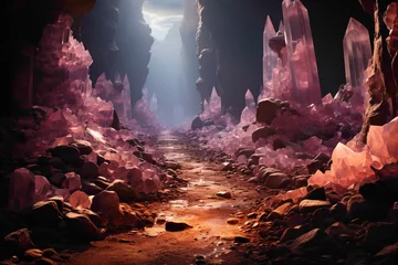 Fototapeten A road through a surreal valley of giant crystals, catching and reflecting the sunlight, creating a dazzling and magical spectacle. © Haider