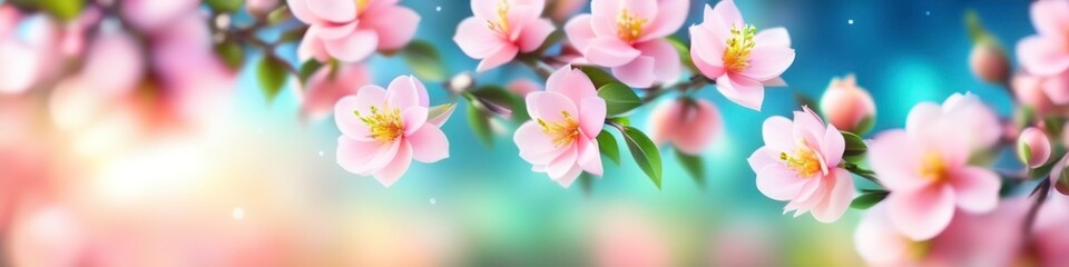 Obraz premium Abstract colorful blurred illustration of blooming spring peach branch on blurred bokeh background, space for text. Concept for valentine's day or birthday or mother's day or women's day. 