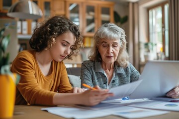 Daughter assisting senior mother with bill organization, granddaughter aiding grandmother.