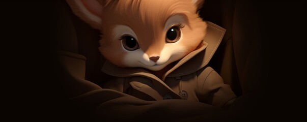 A fox kit in a detectives trench coat looking sleuthy