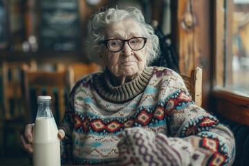 Elderly Woman Holding a Bottle of Milk - obrazy, fototapety, plakaty