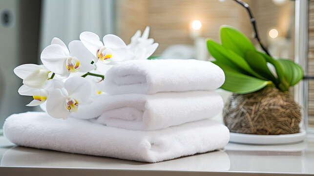 Impeccably organized white bath towels, set out for spa treatments, alongside lively, blossoming orchids