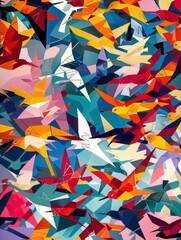 Many vibrant birds soar together through the sky in a beautiful display of color and movement.