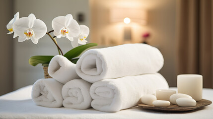 Fototapeta na wymiar Neatly folded bath towels for spa treatments with blooming orchids