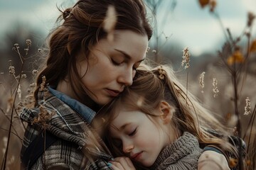 Mother Hugging Daughter - obrazy, fototapety, plakaty