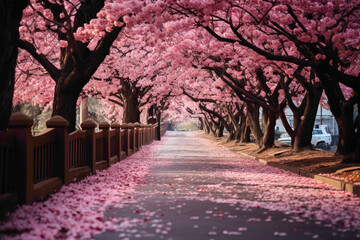 A road through a vibrant cherry blossom tunnel, with pink petals falling gently to the ground, creating a scene of pure natural beauty.