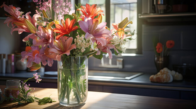 Beautiful bouquet of flowers in a glass vase on the kitchen table