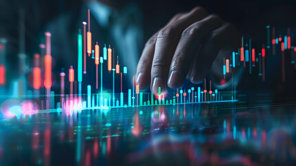 Hand holding digital histogram show financial and business growth, data and information analysis, strategic planning on business and investment - obrazy, fototapety, plakaty