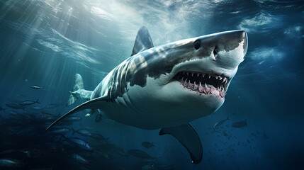 An aggressive shark maneuvers smoothly in the sunlit waters of the sea