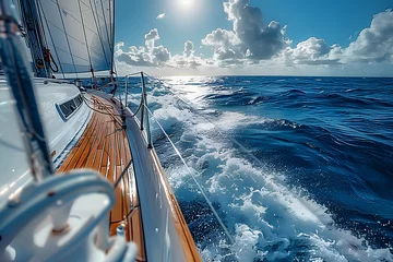 Photo sur Plexiglas Europe du nord White yacht sailing on a clear sunny day. Close-up view from the deck to the bow and sails. Waves and water splashes. 